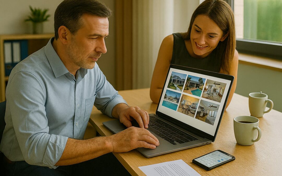 Businessmann organisiert die Vermietung seiner Florida-Immobilie am Laptop aus dem Homeoffice in Deutschland