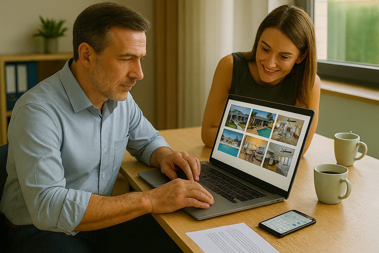 Businessmann organisiert die Vermietung seiner Florida-Immobilie am Laptop aus dem Homeoffice in Deutschland