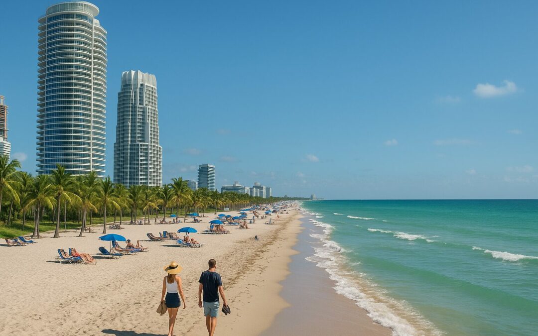 Paar spaziert am sonnigen Strand in Florida mit Palmen, Hochhäusern und türkisblauem Meer – symbolisiert den typischen Lebensstil in Miami, Naples und Cape Coral
